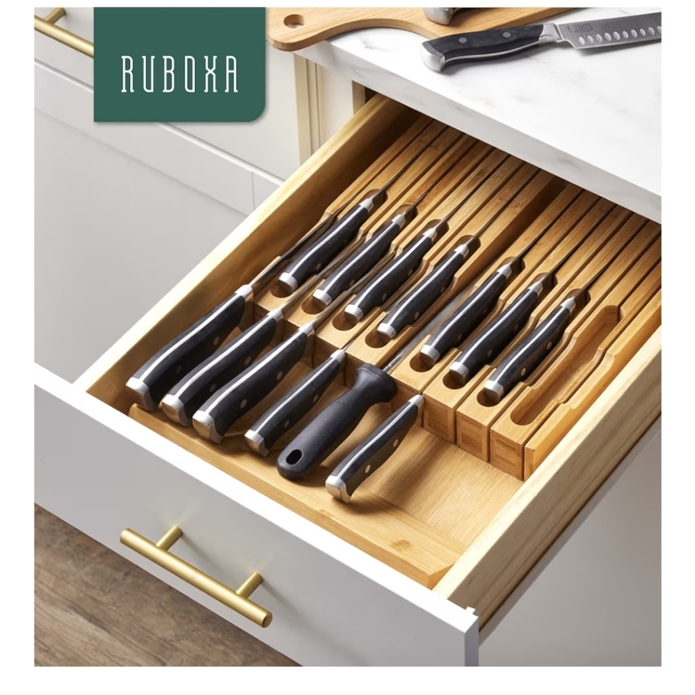 NIB RUBOXA Bamboo Knife Drawer Organizer - Eco-Friendly In-Drawer Storage